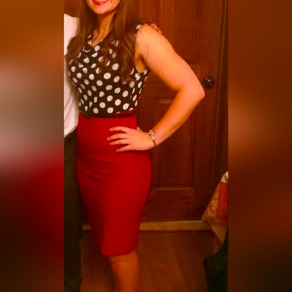 Dress, pin up style, black polkadot top with red skirt